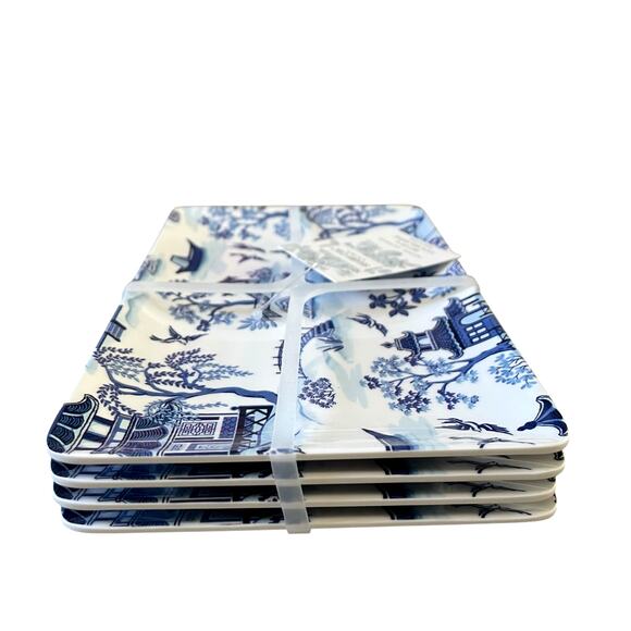 Shabby Chic Melamine Chinoiserie Appetizer Plates White & Blue Willow Set 4 New - Picture 7 of 12